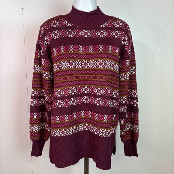 LOFT Sweaters - LOFT Sweater Small Burgundy Fair Isle Mock Neck Long Sleeve Holiday Pullover